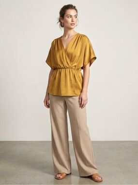 GAP Yellow Wrap Satin Blouse with Short Sleeves and Relaxed Fit